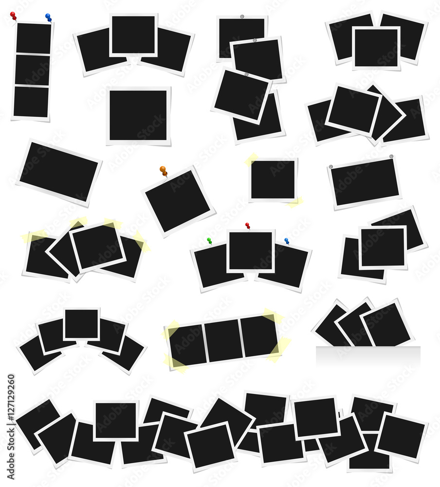 Set of square vector photo frames on sticky tape, pins and rivets isolated on white background. Template photo design. Vector illustration Set of square vector photo frames on sticky tape, pins and rivets isolated on white background. Template photo design. Vector illustration