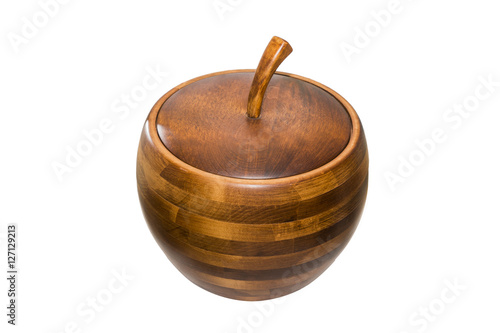 Apple shaped striped wooden cookie jar with lid, isolated on whi