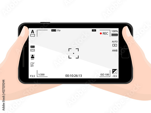 Flat black modern mobile phone with focusing screen with settings in hands. Camera recording. Vector illustration