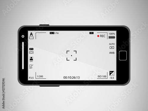 Flat black modern mobile phone with focusing screen with settings. Camera recording. Vector illustration