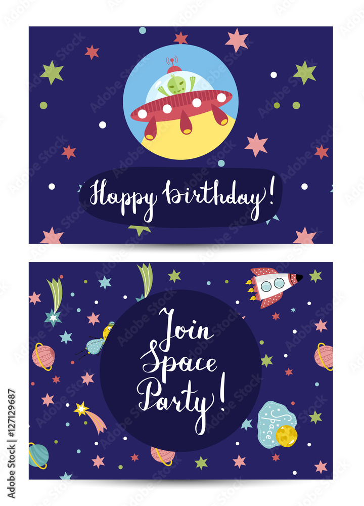 Happy birthday cartoon greeting card on space theme. Alien on flying saucer, colorful stars and planets, comets, rocket on blue background vector illustration. Invitation on childrens costumed party