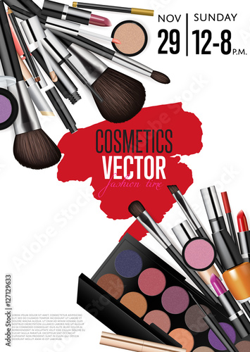 Cosmetics product presentation poster. Makeup accessories set. Cosmetics promotion flyer with date and time. Brushes, powder palettes, lipstick, eye pencil, nail polish vectors. For beauty salon, shop