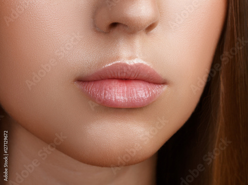 Perfect lips. Sexy girl mouth close up. Beauty young woman Smile. Natural plump full Lip. Lips augmentation. Close up detail