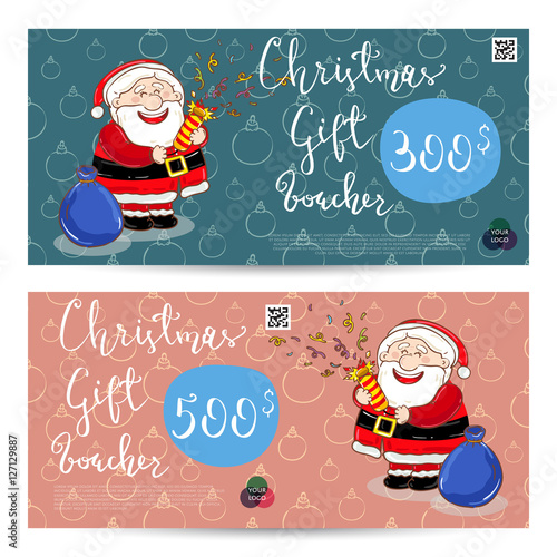 Christmas gift voucher template. Gift coupon with Xmas attributes and prepaid sum. Santa, gifts, christmas tree, gingerbread cookie cartoon vectors. Merry Christmas and Happy New Year greeting card