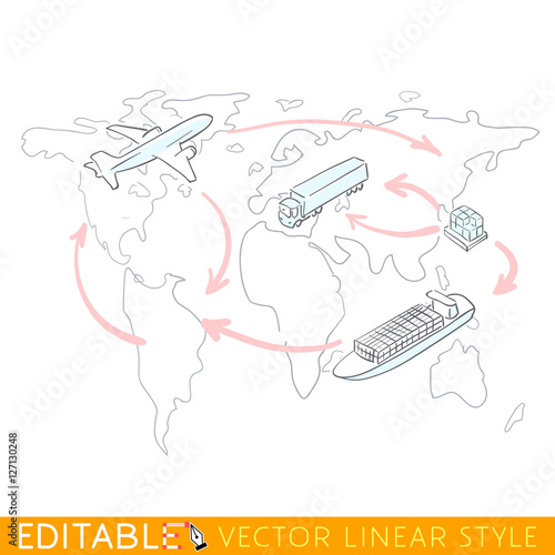Sketch infographics of worldwide shipping, heavy transport, delivery ways and logistics in business or industry with warehouse, trucks, airplane, seaway cargo ship on world map.
