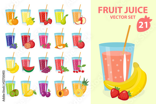 Fruit juice in glass, vector illustration set. Fresh juices icon. Drinks, isolated on a white background. Template for cooking, restaurant menu and vegetarian food.