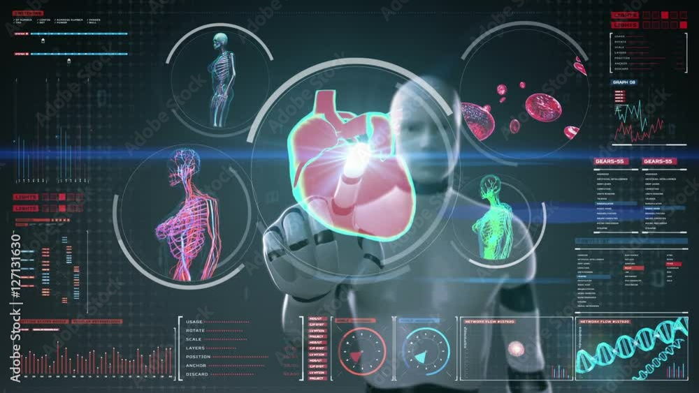Robot, cyborg touching digital screen, Female body scanning blood ...