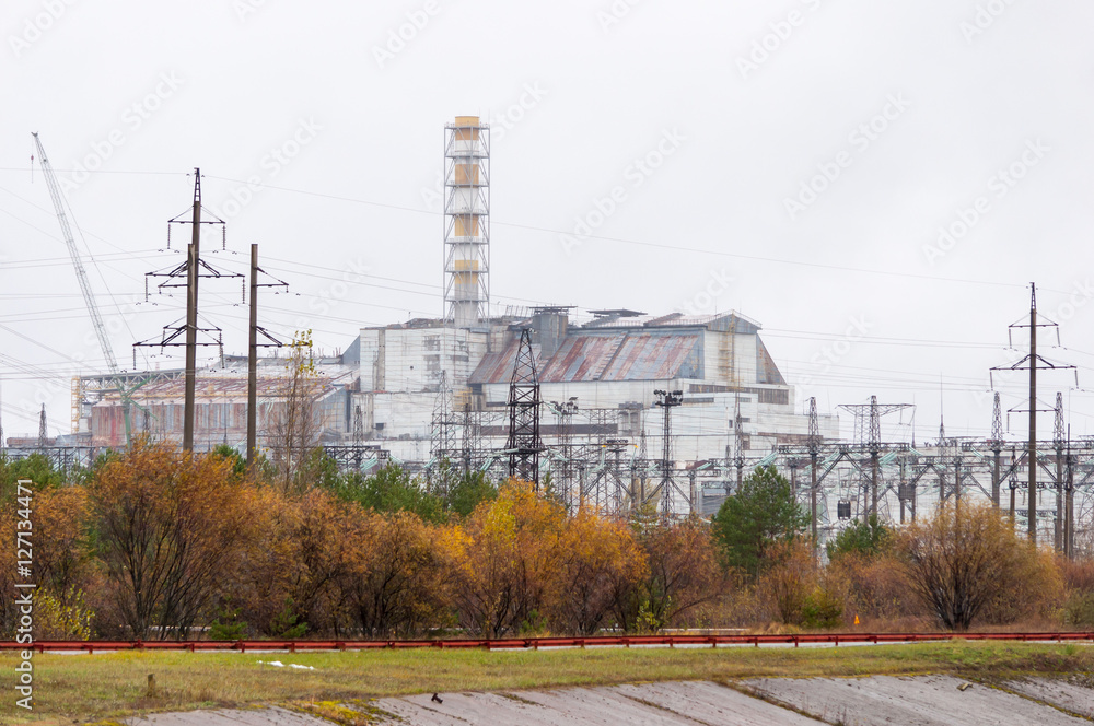 Chernobyl nuclear power plant. Without new safe confinement. Reactor number 4 four. Old destroyed sarcophagus, cover or object shelter. Ukraine