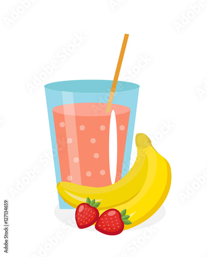 Banana-strawberry juice in a glass. Fresh.  and   isolated on white background.  fruit   icon. - shake, smoothie. Vector illustration