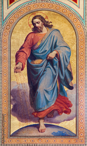 Fotografia VIENNA - JULY 27:  Fresco of  Jesus Christ as seedsman from parable in New Testament by Karl von Blaas from 19