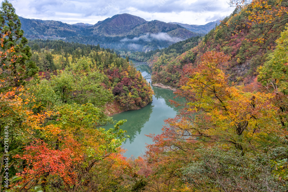 Tadami river and bridge in autumn season, Fukushima, Japan