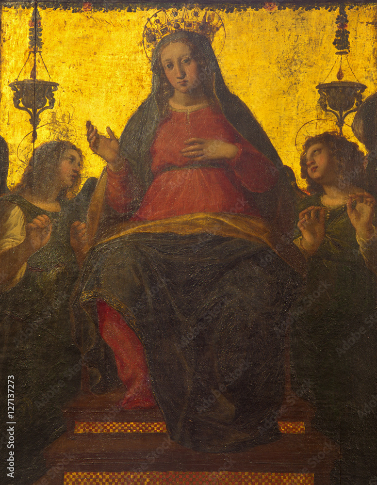 ROME, ITALY - MARCH 12, 2016: The painting of Madonna with the angels (copy of Our Lady of Pompei in Naples) in church Basilica di San Lorenzo in Damaso by unknown artist.