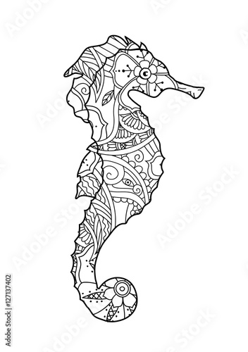 Hand drawn sketch of seahorse isolated on white background.