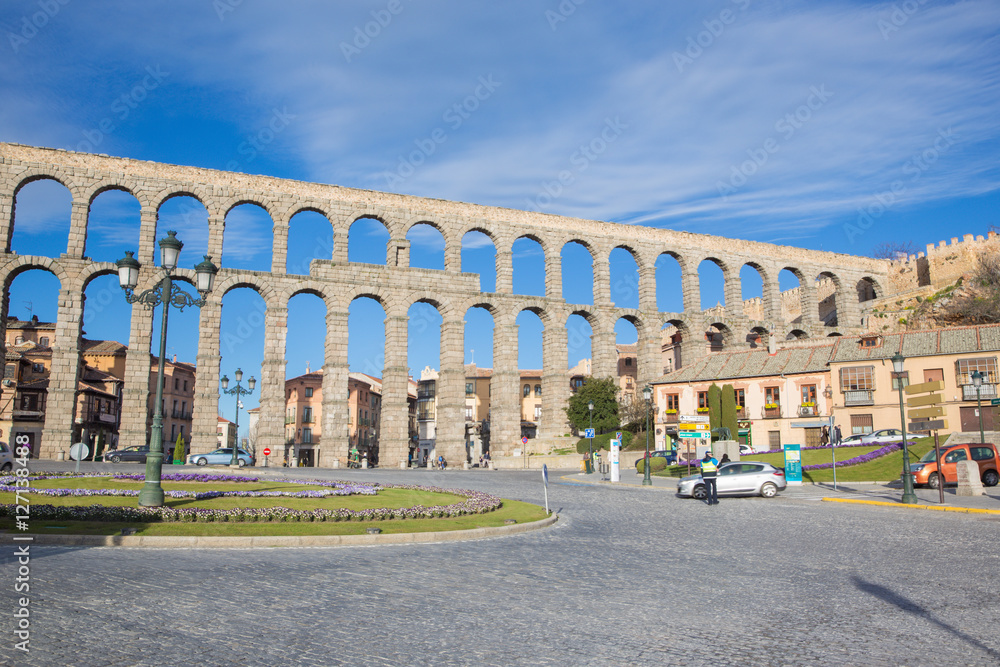 SEGOVIA, SPAIN, APRIL - 14, 2016: Aqueduct of Segovia and Plaza del Artilleria.