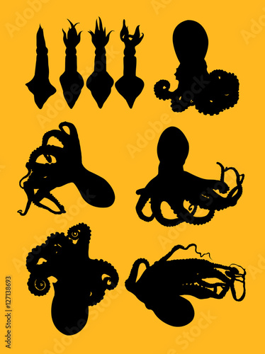 Squids and octopus animal gesture silhouette. Good use for symbol, logo, web icon, mascot, sign, or any design you want.