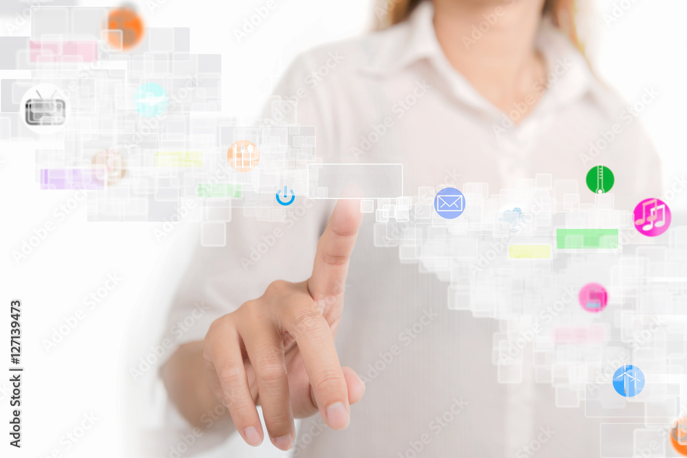 Future technology. Woman working with futuristic interface inter Future technology. Woman working with futuristic interface inter