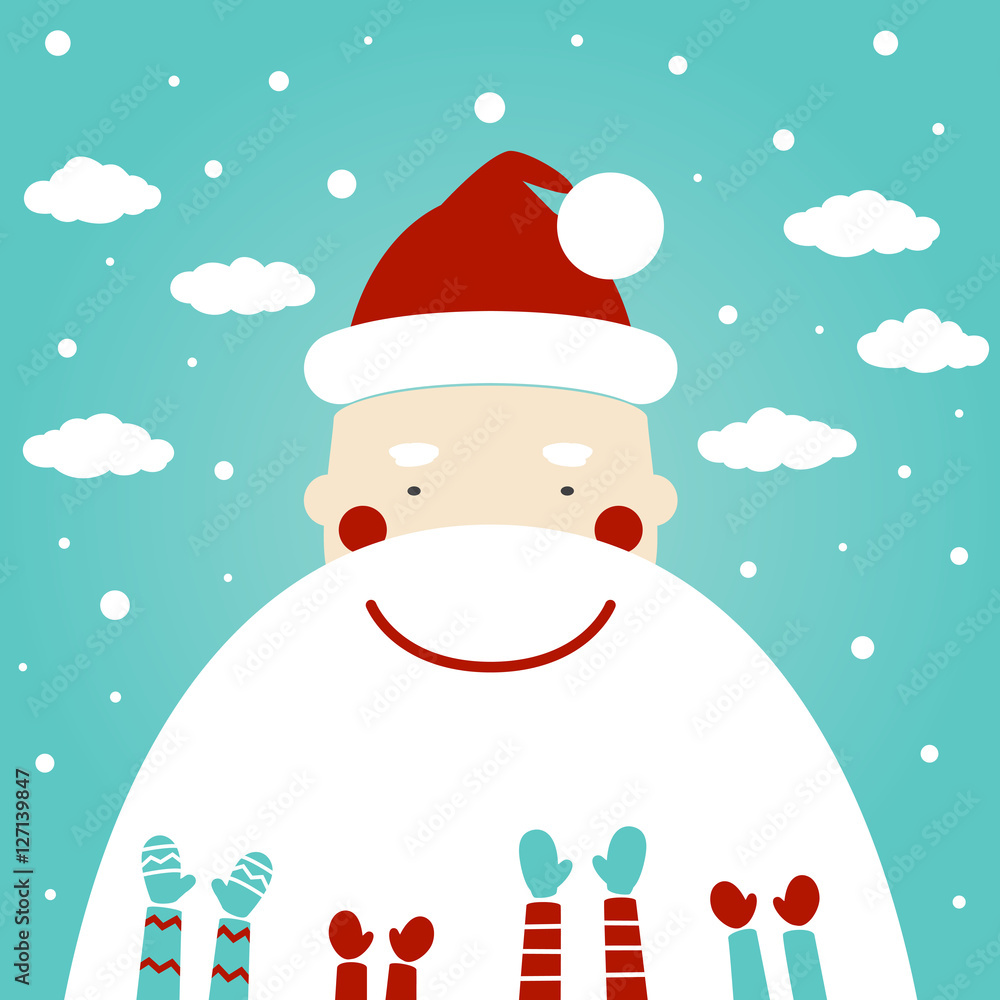 Cute winter holiday card with Funny Santa Claus and children