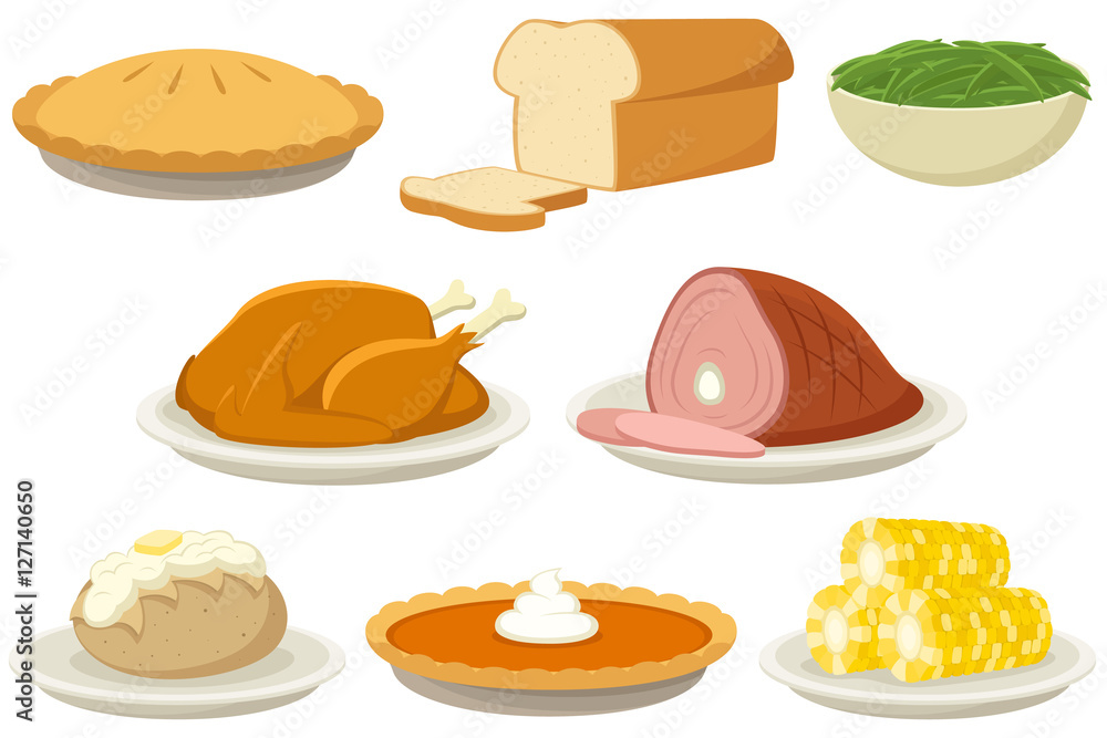 Vector illustration of a variety of holiday (Thanksgiving and Christmas) foods.