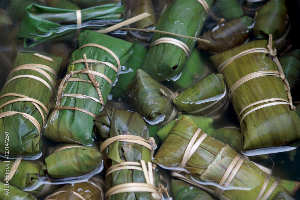 Glutinous rice steamed in banana leaf. Thai dessert Glutinous rice steamed in banana leaf. Thai dessert