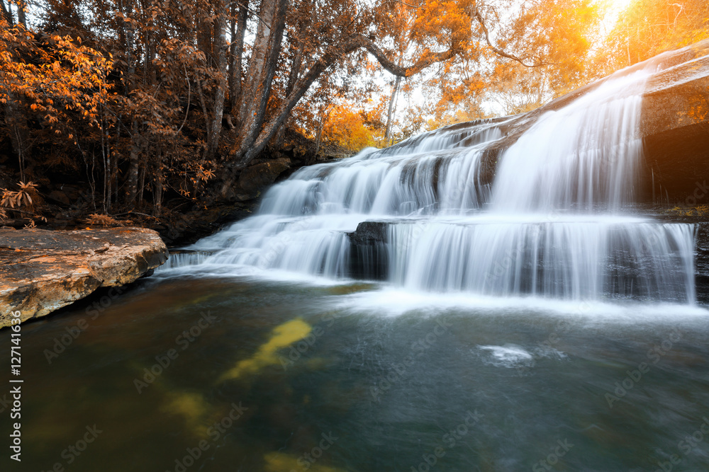 The landscape photo, beautiful rainforest waterfall in deep forest at Phu Kradueng National Park in Thailand The landscape photo, beautiful rainforest waterfall in deep forest at Phu Kradueng National Park in Thailand