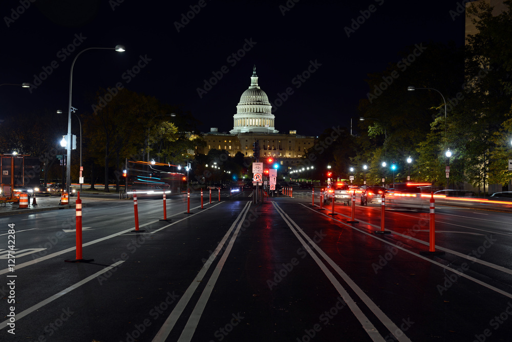 Pennsylvania Avenue and the Capitol Building in Washington DC at night, capital of the United States of America