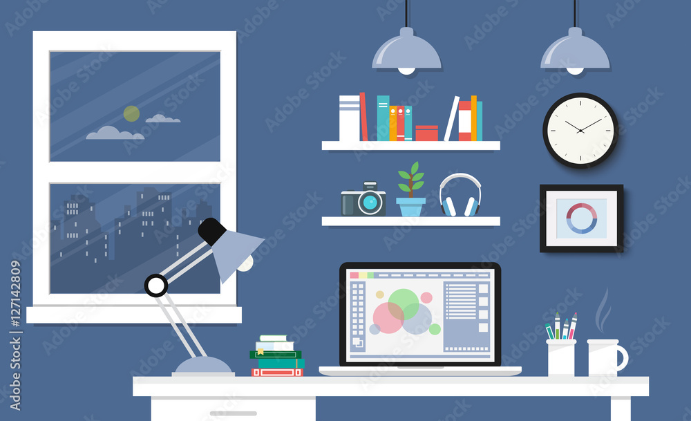 Desk with computer set, documents and stationery. Workplace for Desk with computer set, documents and stationery. Workplace for