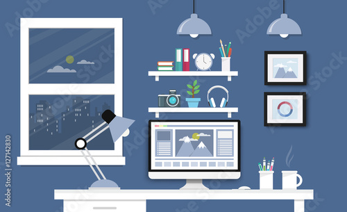 Desk with computer set, documents and stationery. Workplace for
