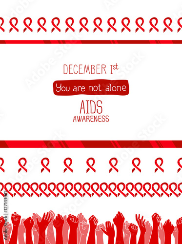 World AIDS Day, 1st December, vector poster template. Red ribbon, hand drawn design element with seamless side border. Isolated on white. You are not alone