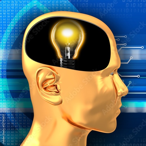 3d illustration of lamp inside golden head over digital background