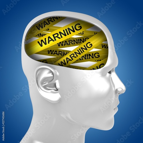 Fototapeta Naklejka Na Ścianę i Meble -  3d illustration of warning tape inside man head over blue background