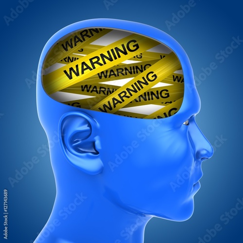 Fototapeta Naklejka Na Ścianę i Meble -  3d illustration of warning tape inside head over blue background