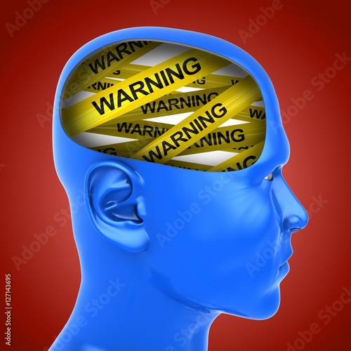 Fototapeta Naklejka Na Ścianę i Meble -  3d illustration of warning tape inside head over red background
