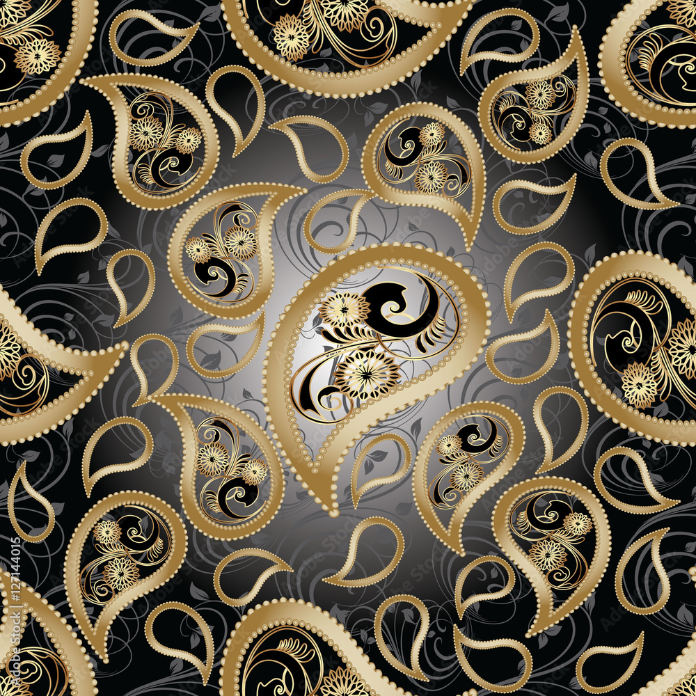 Black royal floral paisleys vector seamless pattern with 3d gold