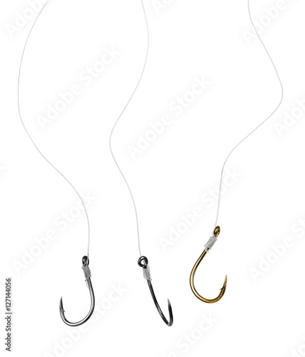 Steel fishing hooks with fishing line isolated on white backgrou