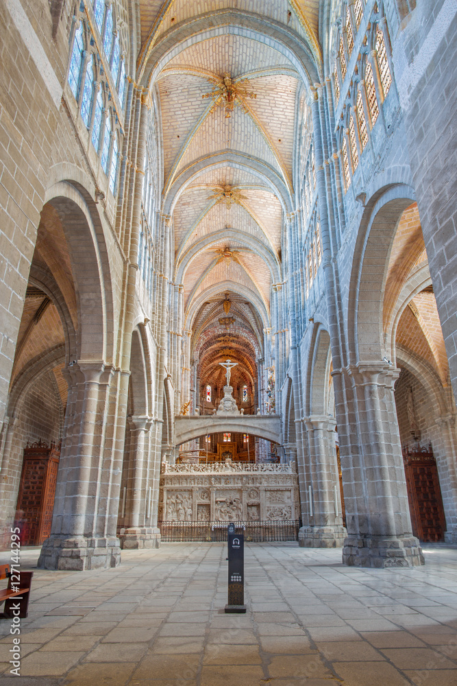 AVILA, SPAIN, APRIL - 19, 2016: The nave of Cathedral with the trans-altar.