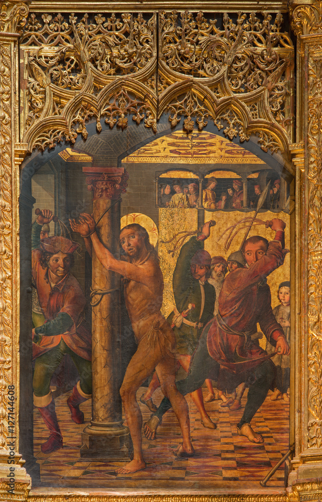 AVILA, SPAIN, APRIL - 18, 2016: The painting of The Flagellation on the main altar of Catedral de Cristo Salvador by Pedro Berruguete (1499).