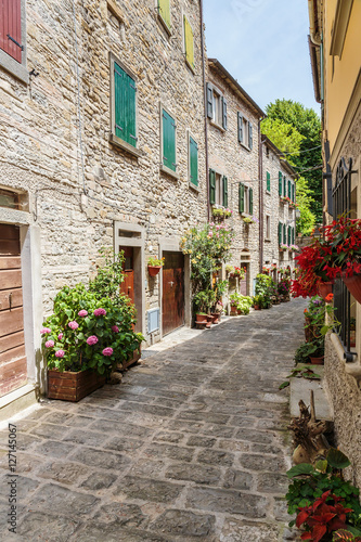 Fototapeta Naklejka Na Ścianę i Meble -  Narrow old street with flowers in Italy