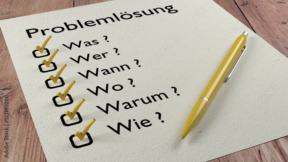 German problem solving checklist ballpen and tick marks German problem solving checklist ballpen and tick marks