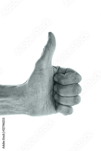 Black and white image of a hand gesture on white background