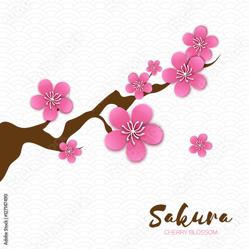 Spring Cherry blossom. Pink beautiful sakura branch with papercraft flowers.