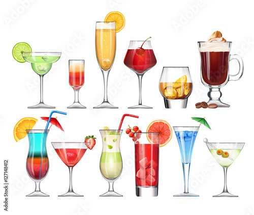 Set of stemware and glasses with cocktail