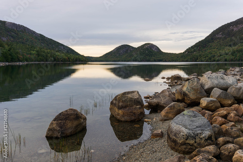Jordan Pond in Acadia National Park in Maine, New England with rocks in the foreground