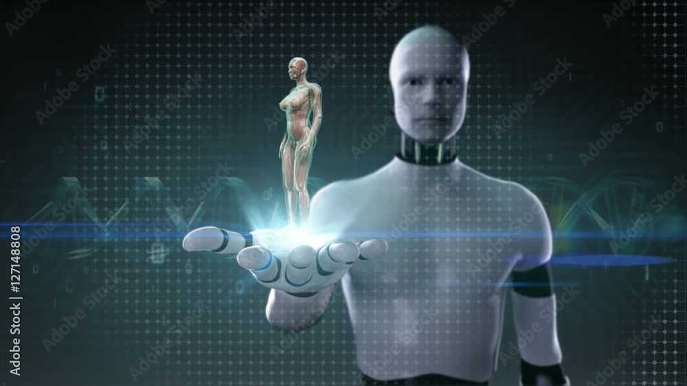 Robot, cyborg open palm, Rotating Female Human muscle, blood system, Blue X-ray light. Robot, cyborg open palm, Rotating Female Human muscle, blood system, Blue X-ray light.