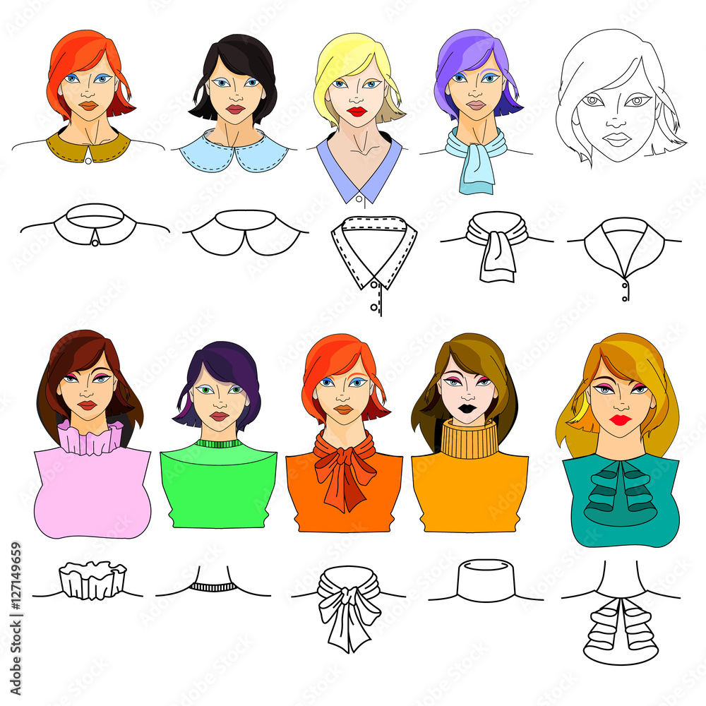 Classic women's plain blouse template.Drawings of the female collar. the  types of collars for women's shirts Stock Vector | Adobe Stock