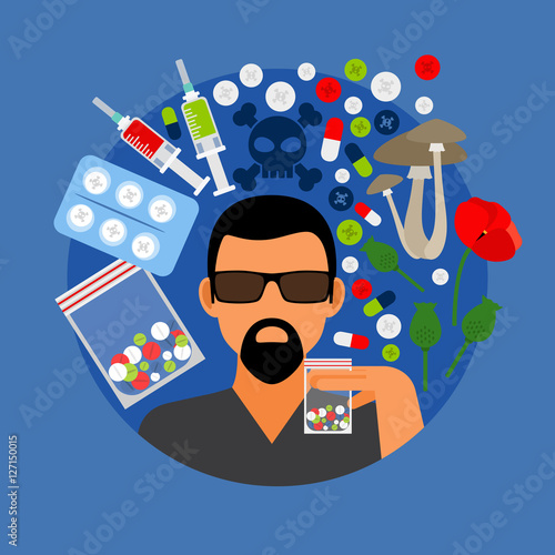 Drugs poster, man with pills on blue background. Vector illustration