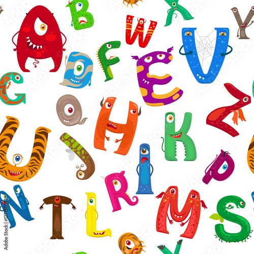Cartoon colorful monsters alphabet seamless pattern. Vector illustration