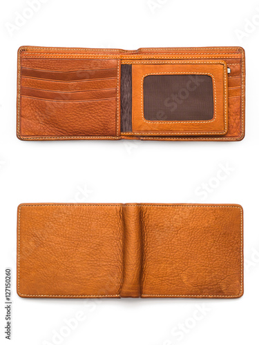 genuine leather wallet brown color, double side of brown color genuine leather wallet isolated white background.