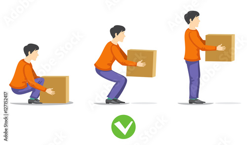 Safety correct lifting of heavy box vector illustration