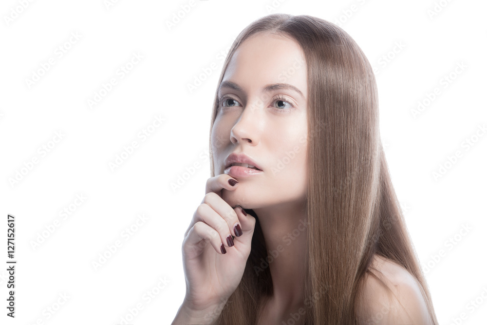 Female High Key Beautiful Woman Face Portrait Beauty Skin Care Concept. Fashion Beauty Model isolated on white background Female High Key Beautiful Woman Face Portrait Beauty Skin Care Concept. Fashion Beauty Model isolated on white background