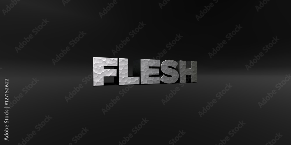 FLESH - hammered metal finish text on black studio - 3D rendered royalty free stock photo. This image can be used for an online website banner ad or a print postcard. FLESH - hammered metal finish text on black studio - 3D rendered royalty free stock photo. This image can be used for an online website banner ad or a print postcard.
